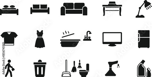 Household furniture and home essentials icon set featuring living room, bedroom, bathroom, cleaning, and daily lifestyle symbols