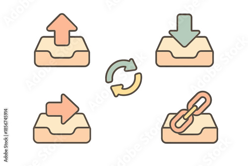 Set of upload, download, export, and link icons