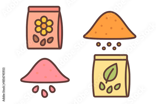 Four different bags of seeds and piles of seeds