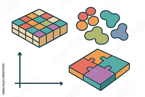 Abstract shapes and puzzle pieces with grid and graph