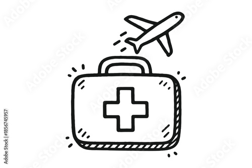 Doodle of a first aid kit with an airplane taking off above it