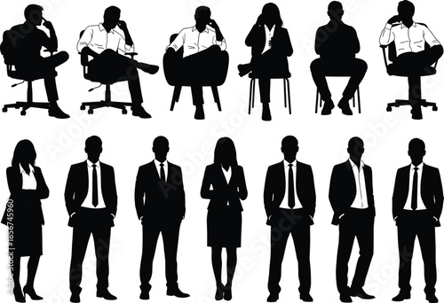 Business people silhouette icon set featuring seated and standing professionals in formal attire for corporate, office, and teamwork concepts