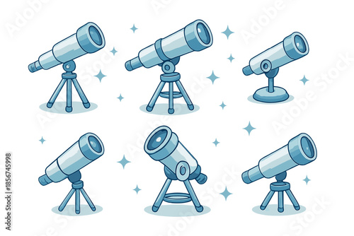 Set of stylized telescopes on a starry background