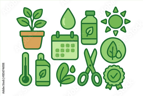 Gardening icons set in green background