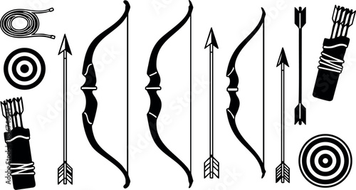 Archery bow arrows and quiver vector set with target and rope design elements