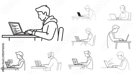 Minimalist line art vector illustration of a software developer coding on a laptop, concept for programming, technology, remote work, and digital innovation development set