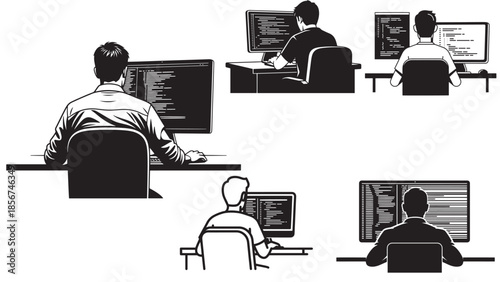 Back view of a programmer working at a computer monitor filled with source code, minimalist black and white vector illustration for cybersecurity and software engineering concepts
