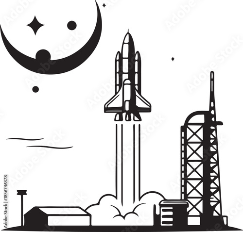Futuristic rocket launching from moon base silhouette vector