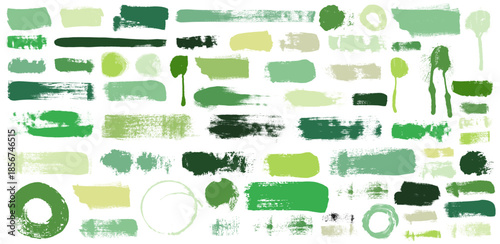 Eco brush drawn tags and labels set. Hand drawn vector bold green brush strokes, circle seals and stamp shapes for organic farm product design. Eco friendly graphic elements, highlights and badges.