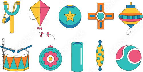 Colorful toy illustration set featuring playful kids toys including kite, drum, ball, rattle, spinning top, and classic play objects