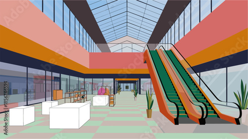 Modern flat vector illustration of a minimalist shopping mall interior with pastel pink and mint colors, escalators, kiosks, and clean geometric design.