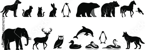 Animal silhouette icon set featuring wild, domestic, and zoo animals including mammals, birds, reptiles, and wildlife symbols