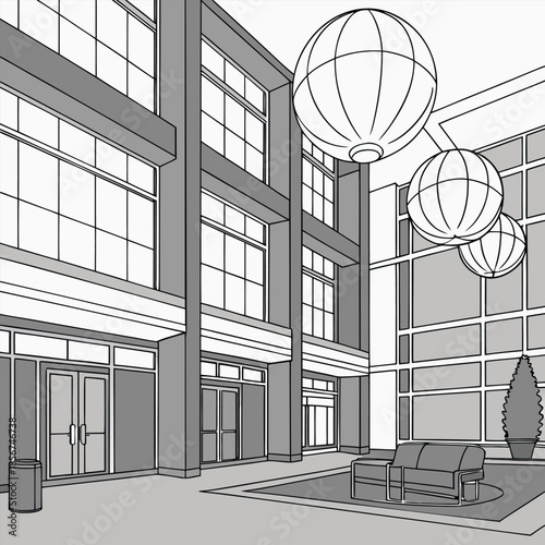 Modern Minimalist Building Lobby Architectural Illustration