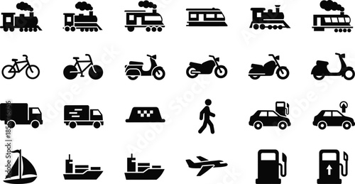 Transportation and travel silhouette icon set featuring vehicles, trains, bikes, ships, airplanes, fuel stations, and mobility symbols