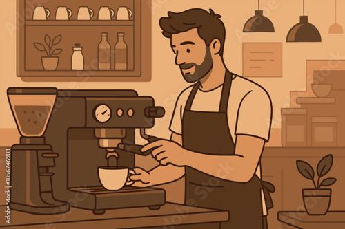 Barista Making Coffee with Espresso Machine in Cozy Cafe Illustration