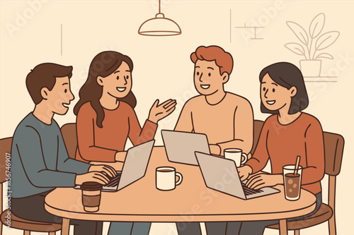 Coworking People Working with Laptops in Cafe Illustration