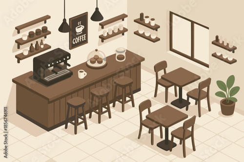 Isometric Cafe Interior Illustration with Espresso Machine and Seating