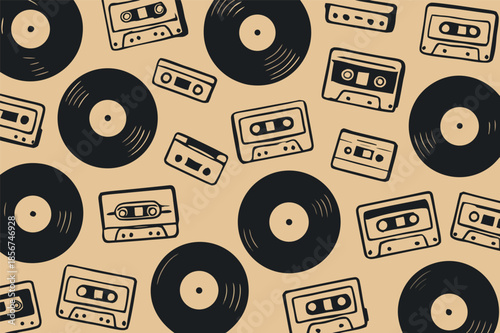 Retro Music Pattern Illustration with Vinyl and Cassette