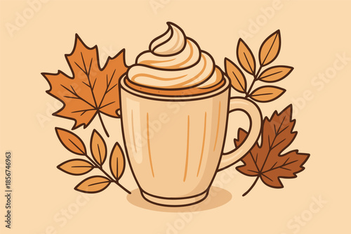 Autumn Hot Drink Illustration with Cup and Falling Leaves