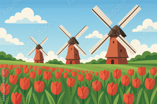 Dutch Windmills and Tulip Field Landscape Illustration