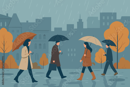 Rainy City Street Illustration with People Walking Under Umbrellas