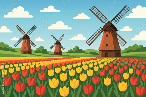 Windmills in Blooming Tulip Fields Landscape Illustration