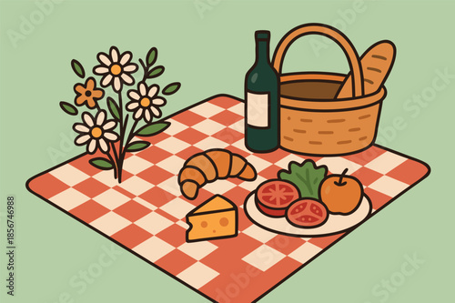 Picnic Illustration with Food Basket and Checkered Blanket