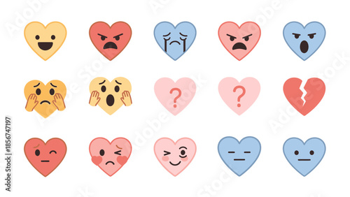 Collection of Cartoon Hearts with Various Emotions.