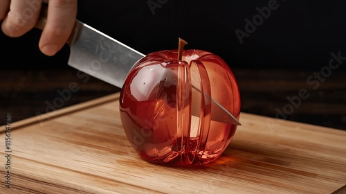 A close-up of a hand holding a knife slicing an apple that looks like transparent glass on a wooden board. An apple made of glass that is extremely realistic and beautiful, resembling a translucent re