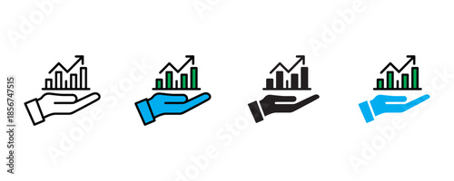 Hands holding business growth charts and graphs icon set vector on white background. finance, statistics, data, analysis, success, profit, increase symbol. vector illustration.