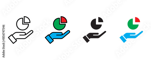 Pie chart icon with hands presenting data vecor on white background. analysis, graph, infographic symbol. vector illustration.