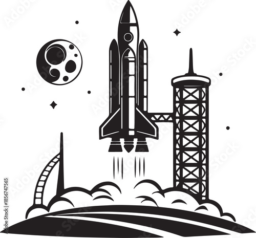 Futuristic rocket launching from moon base silhouette vector