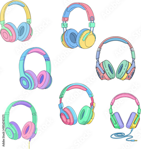 Colorful collection of assorted headphones with playful pastel colors, perfect for music lovers and tech enthusiasts