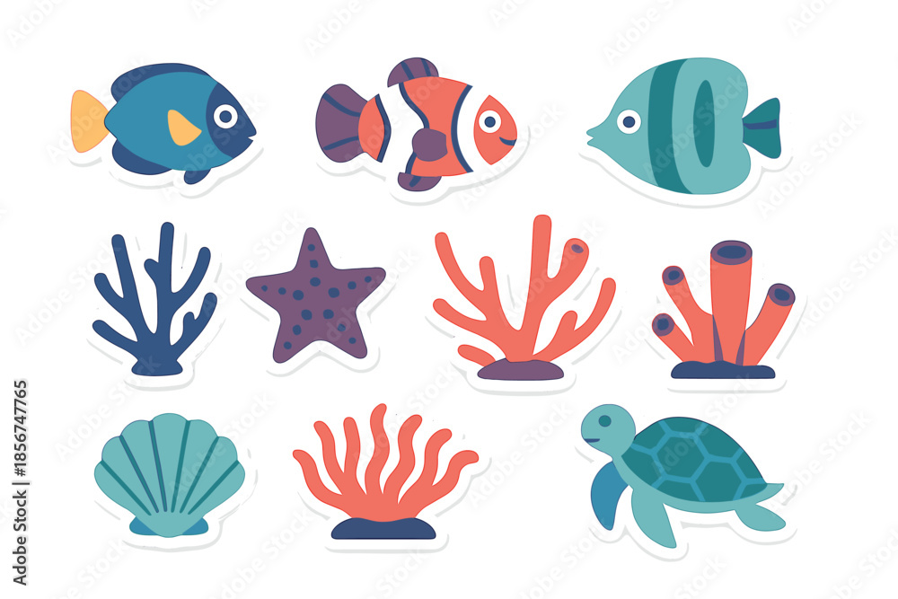 Fototapeta premium Cute Cartoon Underwater Sea Creatures and Coral Stickers