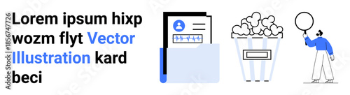 Profile document in a folder, popcorn box, and a person with a balloon. Ideal for entertainment, data storage, celebration, creativity, personal projects, fun concepts simple landing page