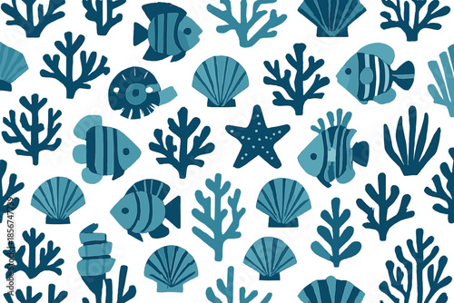 Seamless underwater pattern with fish, shells, and coral
