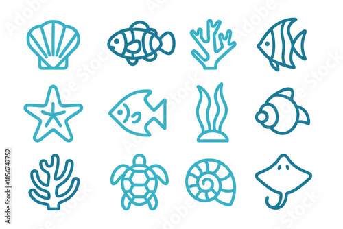 Neon Blue Sea Life Icons on Dark Background