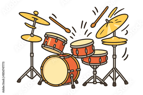 Cartoon drum kit with cymbals and drumsticks