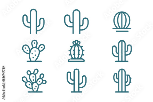 Set of Neon Cactus Icons on Dark Background