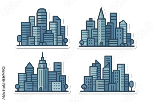 Four stylized city skyline sticker designs