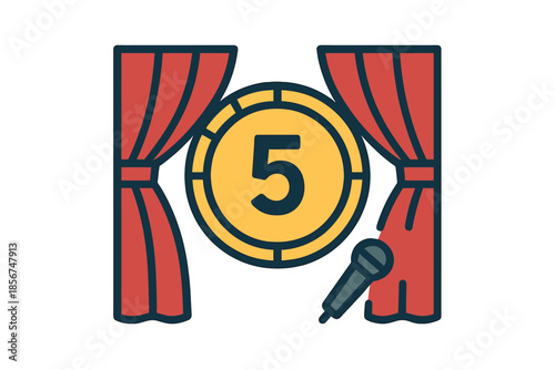 Comedy club stage with microphone and number 5 icon