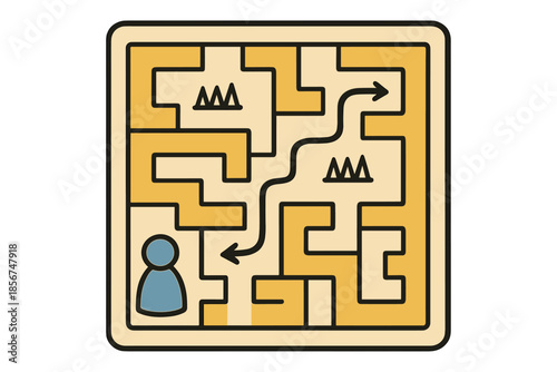 Maze with a person icon and a path leading through obstacles