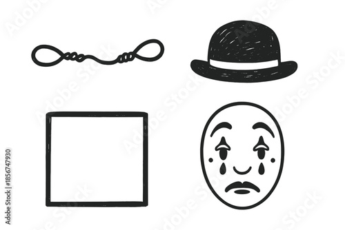 Monochromatic icons of a noose, bowler hat, square, and sad face