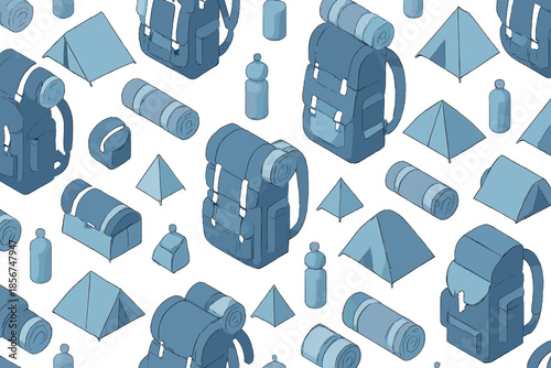 Seamless pattern of camping gear in isometric view