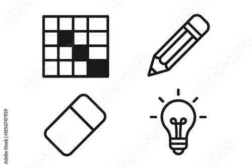 Four icons of stationery and ideas on a dark background