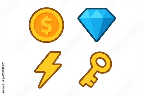 Game Icons: Coin, Diamond, Lightning Bolt, and Key
