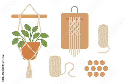 Macrame plant hanger with supplies