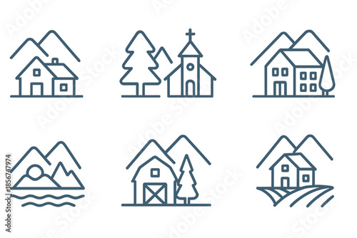 Set of six minimalist line icons representing rural and mountain landscapes