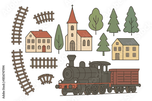 Cute Vintage Train and Village Elements