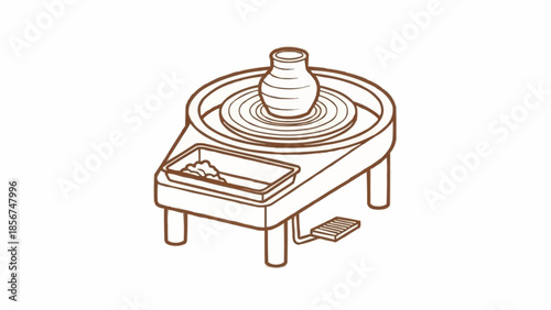 Potter shapes a clay vessel on a spinning wheel in a serene workshop environment